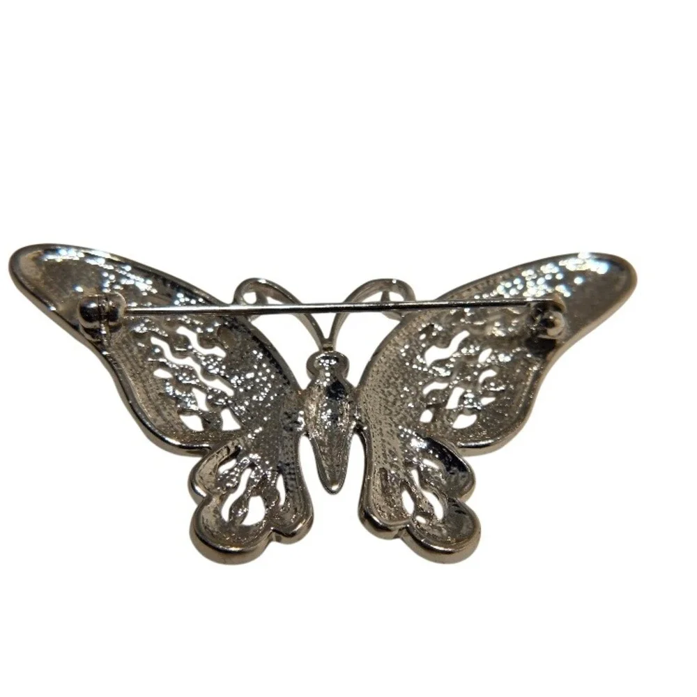 VTG Multi-Color Rhinestone Butterfly Brooch Silver Filigree‎ Spring Jewelry - Picture 9 of 12